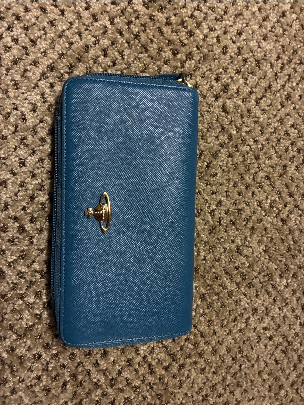 Vivienne Westwood Teal Saffiano full size Zip Wallet with Gold Orb
